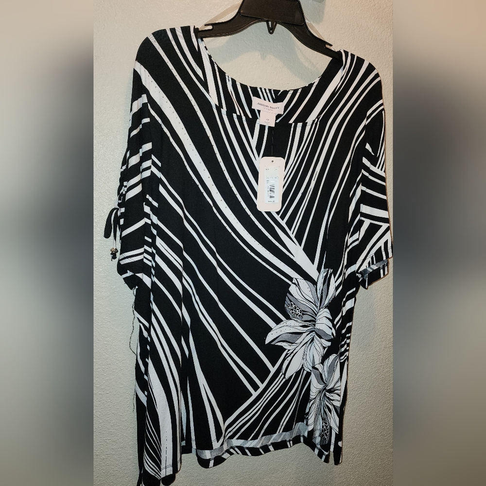 Allison Daley Black and White Floral Stripe Blouse